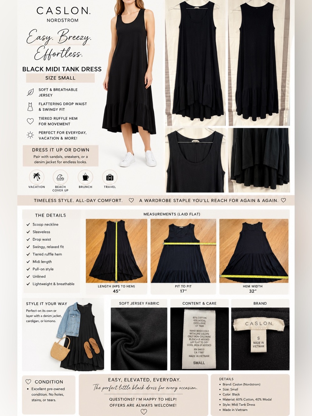 Caslon Black Midi Tank Dress size  Small Tiered Ruffle Hem Jersey Drop Waist